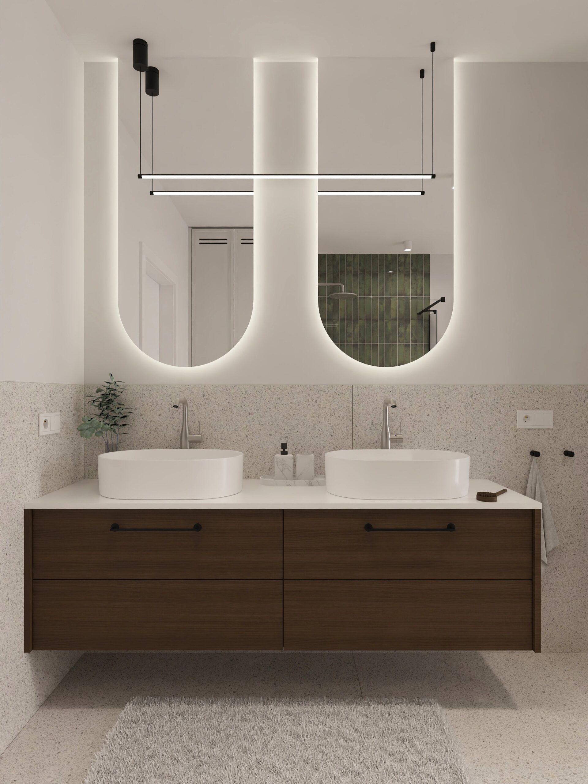 Łazienka inspirowana naturą z drewnem i jasnymi płytkami