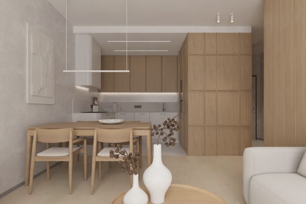 Salon w stylu soft minimalism z jasną sofą, naturalnym drewnem i stonowaną kolorystyką